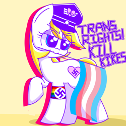 Size: 2048x2048 | Tagged: safe, imported from ponybooru, oc, oc:aryanne, earth pony, pony, antisemitism, aria property cinematic universe, armband, blonde, blonde mane, caption, eye clipping through hair, eyelashes, female, flag, military hat, mouth hold, nazi, nazi armband, nazi hat, nazipone, pride, pride flag, racism, raised hoof, raised leg, shadow, simple background, smiling, smug, solo, swastika, text, transgender, transgender pride flag, white coat, yellow background