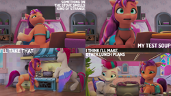 Size: 2000x1125 | Tagged: safe, edit, edited screencap, editor:quoterific, imported from derpibooru, screencap, sunny starscout, zipp storm, earth pony, pegasus, pony, spoiler:g5, spoiler:my little pony: make your mark, spoiler:my little pony: make your mark chapter 4, spoiler:mymc04e06, a little horse, burnt, coat markings, comic, crystal brighthouse, dialogue, duo, female, fluttershy's cutie mark, folded wings, g5, kitchen, mane stripe sunny, mare, my little pony: make your mark, my little pony: make your mark chapter 4, pins, rainbow dash's cutie mark, satchel, screencap comic, shelves, smoke, socks (coat markings), speaker, spread wings, television, twilight sparkle's cutie mark, unshorn fetlocks, wings