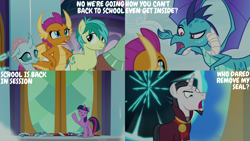 Size: 2000x1125 | Tagged: safe, edit, edited screencap, editor:quoterific, imported from derpibooru, screencap, chancellor neighsay, ocellus, princess ember, sandbar, smolder, twilight sparkle, yona, alicorn, school daze, portal, school of friendship, twilight sparkle (alicorn)