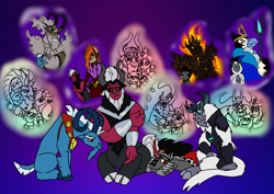 Size: 1414x1000 | Tagged: safe, artist:zetikoopa, imported from derpibooru, catrina, grogar, king charlatan, king sombra, lavan, lord tirek, storm king, abyssinian, bird, cat, centaur, genie, goat, lava demon, penguin, sheep, storm creature, taur, umbrum, unicorn, my little pony: the movie, bad memories, demon cloud, djinn, erebus, fire, grief, lost family, male, memories, ram, sad, sheet, sorceress, stallion