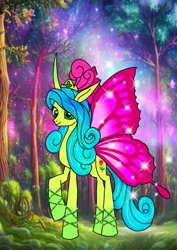 Size: 1000x1414 | Tagged: safe, artist:zetikoopa, imported from derpibooru, queen chrysalis, rosedust, flutter pony, butterfly wings, female, headcanon in the description, mare, past, wings