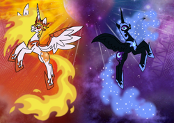 Size: 1414x1000 | Tagged: safe, artist:zetikoopa, imported from derpibooru, daybreaker, nightmare moon, alicorn, evil grin, female, grin, mare, smiling