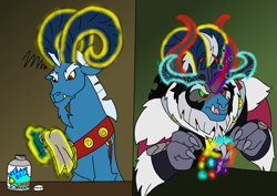Size: 1414x1000 | Tagged: safe, artist:zetikoopa, imported from derpibooru, grogar, king sombra, lord tirek, storm king, oc, oc:alastor, centaur, goat, sheep, taur, my little pony: the movie, annoyed, bell, cleaning, focused, fusion, grogar's bell, magic, male, ram, repairing, telekinesis
