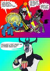 Size: 1000x1414 | Tagged: safe, artist:zetikoopa, imported from derpibooru, discord, grogar, king sombra, lord tirek, storm king, centaur, draconequus, goat, pony, sheep, storm creature, taur, umbrum, unicorn, my little pony: the movie, abuse, angry, beaten up, black eye, butt, comic, discordabuse, food, karma, magic, male, plot, popcorn, ram, stallion