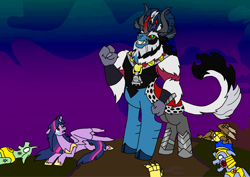 Size: 1414x1000 | Tagged: safe, artist:zetikoopa, imported from derpibooru, grogar, king sombra, lord tirek, storm king, twilight sparkle, oc, oc:alastor, alicorn, centaur, changedling, changeling, griffon, pony, taur, my little pony: the movie, defeated, disbelief, evil grin, female, fusion, grin, male, mare, older, older twilight, smiling, twilight sparkle (alicorn)