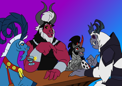 Size: 1414x1000 | Tagged: safe, artist:zetikoopa, imported from derpibooru, grogar, king sombra, lord tirek, storm king, centaur, goat, sheep, storm creature, taur, umbrum, unicorn, my little pony: the movie, bonding, food, friendship, male, ram, smiling, stallion, talking, tea