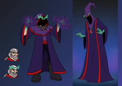 Size: 1414x1000 | Tagged: safe, artist:zetikoopa, imported from derpibooru, oc, oc:draven la fay, human, care bears, clothes, evil grin, grin, magic, male, no heart, not pony related, red eyes, robe, smiling, sorcerer, wizard