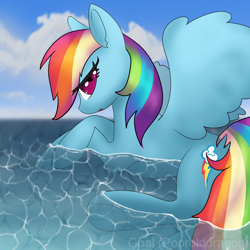 Size: 1000x1000 | Tagged: safe, artist:opal2023, imported from derpibooru, rainbow dash, pegasus, background, ocean, partially submerged, solo, summer, water