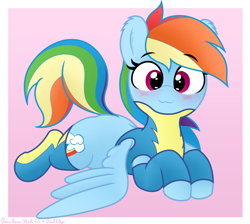 Size: 3360x3016 | Tagged: safe, artist:pabbley, artist:rainbowšpekgs, imported from derpibooru, rainbow dash, pegasus, pony, :3, blushing, clothes, cute, dashabetes, eyebrows, eyebrows visible through hair, female, looking at you, lying down, mare, prone, raised tail, simple background, smiling, smiling at you, socks, solo, tail, uniform, wonderbolts uniform