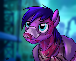 Size: 2500x2000 | Tagged: safe, artist:potes, imported from ponybooru, oc, oc only, oc:diamond tip, earth pony, pony, bandaid on nose, blade runner 2049, blood, clothes, frostpunk, male, neon, parody, ponified, sad, scarf, solo, species swap, stallion, tired