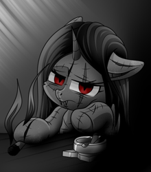 Size: 444x504 | Tagged: source needed, safe, imported from derpibooru, oc, original species, plush pony, unicorn, ashtray, cigarette, eye scar, facial scar, fangs, female, floppy ears, horn, lidded eyes, looking at you, mare, partial color, plushie, red eyes, scar, slit pupils, smoke, solo, stitches, unicorn oc
