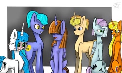 Size: 1280x768 | Tagged: safe, artist:deadsmoke, imported from derpibooru, oc, oc:alina breeze, oc:elina, oc:elisha sokol, oc:kate sanders, oc:snowflake white, oc:yui trup, abstract background, friends, talking