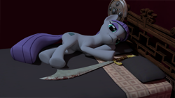 Size: 3840x2160 | Tagged: safe, artist:xafilah, imported from derpibooru, maud pie, earth pony, pony, 3d, bed, female, looking at you, lying down, mare, on side, scimitar, shield, solo, sword, weapon