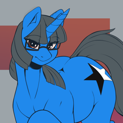 Size: 3000x3000 | Tagged: safe, artist:aerospine, imported from derpibooru, oc, oc:mint petal, unicorn, brown eyes, chubby, cutie mark, female, glasses, gray background, large butt, looking at you, mare, simple background, the ass was fat, wide hips