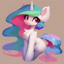 Size: 1536x1536 | Tagged: safe, imported from derpibooru, princess celestia, fluffy pony, unicorn, ai content, ai generated, blue mane, ear fluff, fluffy, generator:purplesmart.ai, generator:stable diffusion, green mane, paint, pink eyes, pink mane, prompter:saltyvity, simple background, smiling, solo