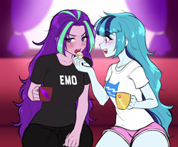 Size: 1700x1400 | Tagged: safe, artist:rileyav, edit, imported from ponybooru, aria blaze, sonata dusk, human, equestria girls, arisona, bed hair, blushing, clothes, commission, cup, duo, duo female, feeding, female, lesbian, looking away, loose hair, meme, open mouth, open smile, shipping, shirt, smiling, teacup, tsundere