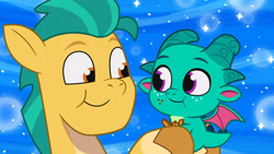 Size: 3072x1727 | Tagged: safe, imported from derpibooru, screencap, hitch trailblazer, dragon, earth pony, pony, spoiler:g5, spoiler:my little pony: tell your tale, spoiler:tyts01e58, baby, baby dragon, duo, duo male, food, french fries, g5, looking at each other, looking at someone, male, my little pony: tell your tale, papa hitch, smiling, smiling at each other, sparkle school, sparky sparkeroni, stallion