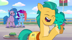 Size: 3072x1727 | Tagged: safe, imported from derpibooru, screencap, hitch trailblazer, izzy moonbow, dragon, earth pony, pony, unicorn, spoiler:g5, spoiler:my little pony: tell your tale, spoiler:tyts01e58, baby, baby dragon, cute, eyes closed, female, g5, hitchbetes, hug, male, mare, misty brightdawn, my little pony: tell your tale, open mouth, open smile, papa hitch, rebirth misty, smiling, sparkle school, sparky sparkeroni, sparkybetes, stallion