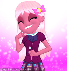 Size: 1421x1515 | Tagged: safe, artist:rainbowstarcolour262, imported from derpibooru, oc, oc only, oc:taffycoat, human, equestria girls, bow, bowtie, clothes, crystal prep academy uniform, cute, cutie mark accessory, eyes closed, eyeshadow, female, gradient background, gritted teeth, hair bow, hand on chin, long hair, makeup, particles, plaid skirt, pleated skirt, school uniform, shirt, signature, skirt, smiling, solo, teeth
