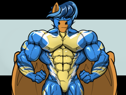 Size: 1800x1360 | Tagged: safe, artist:rizzyofen, imported from derpibooru, oc, oc:lightning rider, anthro, pegasus, abs, anthro oc, biceps, clothes, flexing, male, muscles, muscular male, pecs, pegasus oc, stallion, uniform, wings, wonderbolts, wonderbolts uniform