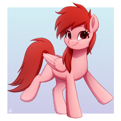 Size: 1950x1950 | Tagged: safe, artist:luminousdazzle, imported from derpibooru, oc, oc only, oc:mare mare, oc:red, pegasus, female, looking at you, magenta eyes, mare, pegasus oc, raised hoof, raised leg, simple background, smiling, smiling at you, solo, wings