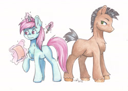 Size: 5970x4249 | Tagged: safe, artist:lightisanasshole, imported from derpibooru, oc, oc:belle boue, oc:oak wood, earth pony, pony, unicorn, absurd resolution, duo, duo male, looking back, magic, male, paper, pencil, serious, serious face, simple background, telekinesis, traditional art, watercolor painting