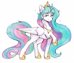 Size: 4847x4110 | Tagged: safe, artist:lightisanasshole, imported from derpibooru, princess celestia, alicorn, pony, absurd resolution, boots, clothes, crown, curved horn, flowing mane, horn, jewelry, looking at you, necklace, raised hoof, regalia, shoes, simple background, solo, sparkles, traditional art, watercolor painting