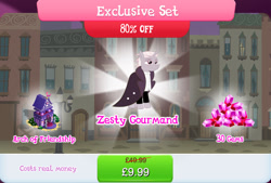 Size: 1267x856 | Tagged: safe, imported from derpibooru, zesty gourmand, pony, unicorn, bundle, bush, cloak, clothes, costs real money, english, female, gameloft, gem, horn, mare, mobile game, my little pony: magic princess, numbers, official, sale, shirt, solo, solo focus, statue, text