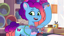 Size: 3072x1727 | Tagged: safe, imported from derpibooru, screencap, pony, unicorn, spoiler:g5, spoiler:my little pony: tell your tale, spoiler:tyts01e58, crystal brighthouse, female, g5, mare, misty brightdawn, my little pony: tell your tale, open mouth, open smile, rebirth misty, smiling, solo, sparkle school, subtitles, up (song)