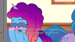 Size: 3072x1727 | Tagged: safe, imported from derpibooru, screencap, izzy moonbow, pony, unicorn, spoiler:g5, spoiler:my little pony: tell your tale, spoiler:tyts01e58, eyes closed, female, g5, mare, misty brightdawn, my little pony: tell your tale, offscreen character, rebirth misty, solo focus, sparkle school, subtitles, up (song)