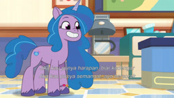 Size: 3072x1727 | Tagged: safe, imported from derpibooru, screencap, izzy moonbow, pony, unicorn, spoiler:g5, spoiler:my little pony: tell your tale, spoiler:tyts01e58, female, g5, grin, indonesian, mare, my little pony: tell your tale, smiling, solo, sparkle school, subtitles, up (song)