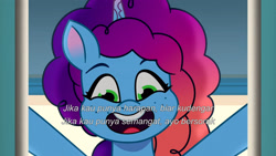 Size: 3072x1727 | Tagged: safe, imported from derpibooru, screencap, pony, unicorn, spoiler:g5, spoiler:my little pony: tell your tale, spoiler:tyts01e58, female, g5, indonesian, mare, misty brightdawn, my little pony: tell your tale, open mouth, open smile, rebirth misty, smiling, solo, sparkle school, subtitles, up (song)