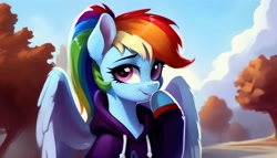 Size: 2688x1536 | Tagged: safe, imported from derpibooru, rainbow dash, pegasus, pony, ai content, ai generated, clothes, cute, dashabetes, female, generator:pony diffusion v5, generator:stable diffusion, hoodie, looking at you, mare, ponytail, prompter:siber, smiling, smiling at you, solo, wings