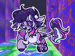 Size: 1036x772 | Tagged: safe, artist:grubbrains, artist:grubgruel, imported from twibooru, oc, oc only, bat pony, pony, abstract background, ambiguous gender, chibi, colored hooves, eye, eyes, horns, image, leonine tail, needs more jpeg, solo