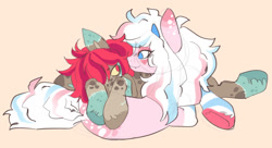 Size: 1213x659 | Tagged: safe, artist:grubbrains, artist:grubgruel, imported from twibooru, oc, oc only, earth pony, pony, ambiguous gender, couple, female, image, looking at each other, lying down, needs more jpeg, simple background