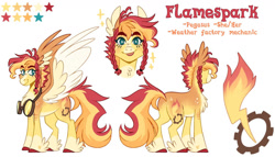 Size: 1182x676 | Tagged: safe, artist:wanderingpegasus, imported from twibooru, oc, oc only, oc:flamespark, pegasus, pony, braid, coat markings, colored hooves, cutie mark, feathered fetlocks, female, goggles, image, mare, needs more jpeg, pronouns, reference sheet, solo, spread wings, tongue out, two toned wings, wing ears, wings