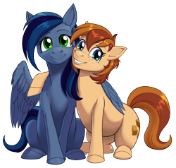 Size: 2500x2375 | Tagged: safe, artist:a0iisa, imported from ponybooru, oc, oc only, oc:toffee bun, oc:wish night, earth pony, pegasus, pony, blue coat, blue eyes, blue mane, brown mane, cheek to cheek, duo, duo female, earth pony oc, female, females only, freckles, green eyes, grin, looking at you, looking back, looking back at you, mare, pegasus oc, ponybooru collab 2023, simple background, smiling, tan coat, transparent background, wings