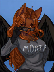 Size: 4364x5818 | Tagged: safe, artist:gind., imported from derpibooru, oc, oc only, oc:princess enigma, alicorn, anthro, alicorn oc, breasts, clothes, female, glasses, horn, shirt, solo, wings