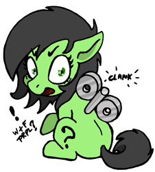 Size: 999x1103 | Tagged: source needed, safe, artist:anonymous, imported from twibooru, oc, oc:filly anon, pony, /mlp/, 4chan, female, filly, image, looking at you, looking back, looking back at you, png, shocked, simple background, solo, transparent background, wind-up key