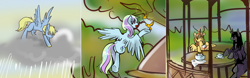 Size: 1280x401 | Tagged: safe, artist:storyofthemy, artist:wailoon, imported from twibooru, oc, oc only, oc:solweig, oc:windswept skies, alicorn, bird, pegasus, pony, cloud, cropped, female, flying, gazebo, image, male, mare, oc name needed, png, rain, raincloud, stallion