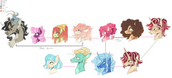 Size: 1280x581 | Tagged: safe, artist:grubbrains, artist:grubgruel, imported from twibooru, cheerilee, cheese sandwich, coco pommel, discord, flam, flim, fluttershy, pinkie pie, pokey pierce, tree hugger, zephyr breeze, draconequus, earth pony, pegasus, pony, unicorn, alternate design, bust, cheerihugger, cheerishy, cheeseflim, cheesepie, cocobreeze, earth pony fluttershy, facial hair, family tree, female, flutterhugger, flutterpie, gay, goatee, headcanon, image, lesbian, male, mare, needs more jpeg, pegasus pinkie pie, pokeyflam, pokeypie, polyamory, race swap, shipping, simple background, stallion, straight, white background