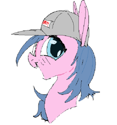 Size: 551x588 | Tagged: safe, anonymous artist, artist:anonymous, imported from twibooru, oc, pony, admin, aside glance, blue mane, bust, crossgender, doll (soyjak), female, happy, hat, image, light blue eyes, looking at you, mare, pink coat, png, ponified, sideways, sideways glance, simple background, soyjak, soyjak.party, white background