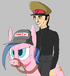 Size: 554x602 | Tagged: safe, artist:norre, imported from twibooru, oc, pony, admin, blue mane, crossgender, cutie mark, determined, determined look, doll (soyjak), female, forklift, forklift certified, gem, hammer and sickle, harness, hat, human riding pony, image, kuz (soyjak), light blue eyes, mare, military hat, pink coat, png, ponified, simple background, soviet, soyjak, soyjak.party, tack, white background