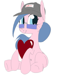 Size: 581x761 | Tagged: safe, anonymous artist, artist:anonymous, imported from twibooru, oc, pony, admin, blue mane, crossgender, doll (soyjak), female, full body, glasses, happy, hat, heart, holding object, image, light blue eyes, mare, pink coat, png, ponified, simple background, soyjak, soyjak.party, white background