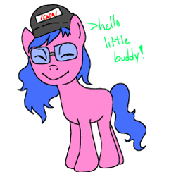 Size: 255x249 | Tagged: safe, anonymous artist, artist:anonymous, imported from twibooru, oc, pony, admin, blinking, blue mane, crossgender, doll (soyjak), female, full body, glasses, greeting, happy, hat, image, mare, pink coat, png, ponified, simple background, soyjak, soyjak.party, text, white background