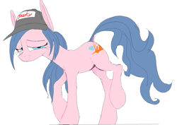 Size: 1071x759 | Tagged: safe, artist:norre, imported from twibooru, oc, pony, admin, blue mane, blue tail, crossgender, cutie mark, doll (soyjak), female, forklift, forklift certified, full body, gem, glasses, happy, hat, image, light blue eyes, mare, pink coat, png, ponified, shy, simple background, soyjak, soyjak.party, tired, white background