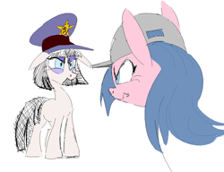 Size: 1055x811 | Tagged: safe, artist:norre, imported from twibooru, oc, pony, admin, angry, argument, black mane, black tail, blue mane, crossgender, doll (soyjak), eyeshadow, female, gray coat, hammer and sickle, harness, hat, image, kuz (soyjak), lavender eyeshadow, light blue eyes, makeup, mare, military hat, pink coat, png, ponified, simple background, soviet, soviet pony, soyjak, soyjak.party, tack, white background