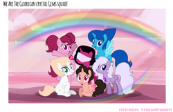 Size: 2675x1734 | Tagged: safe, artist:hatsuukki, artist:siti shafiyyah, imported from ponybooru, alicorn, alien, earth pony, pegasus, pony, unicorn, friendship is magic, amethyst (steven universe), base used, cartoon network, crystal gems (steven universe), equine, female, fictional species, garnet (steven universe), gem (steven universe), glasses, group, happy, hasbro, ibis paint, lapis lazuli (steven universe), looking at you, male, mammal, my little pony, open mouth, open smile, pearl (steven universe), ponified, rainbow, simple background, smiling, smiling at you, species swap, spinel (steven universe), steven universe, steven universe (steven universe), sunset, text, watermark