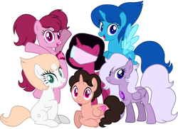 Size: 3228x2348 | Tagged: safe, artist:hatsuukki, artist:siti shafiyyah, imported from ponybooru, alicorn, earth pony, pegasus, pony, unicorn, amethyst (steven universe), base used, cartoon network, crystal gems (steven universe), female, garnet (steven universe), gem (steven universe), glasses, group, happy, ibis paint, lapis lazuli (steven universe), looking at you, male, mammal, my little pony, open mouth, open smile, pearl (steven universe), ponified, simple background, smiling, smiling at you, species swap, spinel (steven universe), steven universe, steven universe (steven universe), transparent background, vector