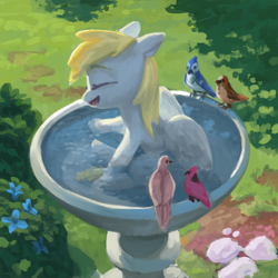 Size: 1000x1000 | Tagged: safe, artist:anonymous, imported from twibooru, derpy hooves, bird, pegasus, pony, /mlp/, 4chan, bird bath, cute, drawthread, eyes closed, female, filly, image, lineless, open smile, painterly, png, solo